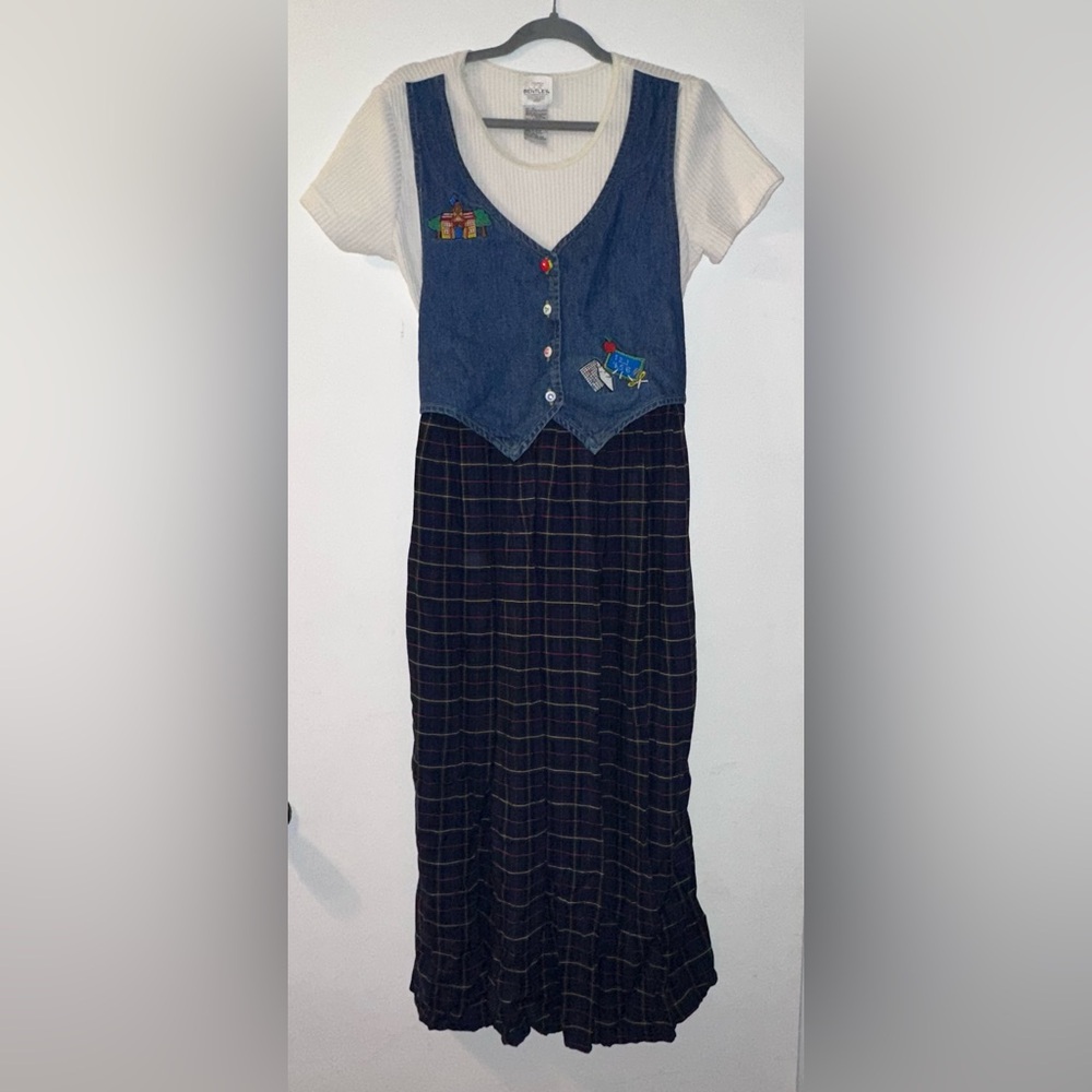 Vintage 90s JR Bentley Denim Plaid Maxi Dress Tie Back L Teacher Cottagecore